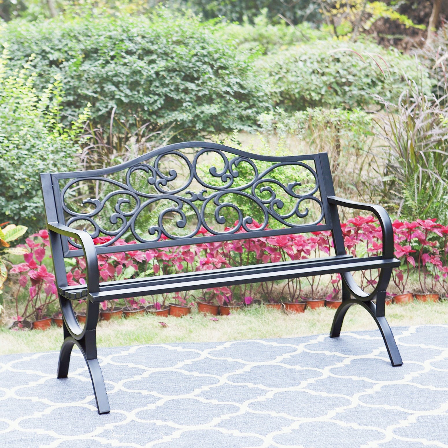 MF Studio Garden Bench 50 Inch Cast Iron Steel Frame Chair W/Floral Design Backrest, Black