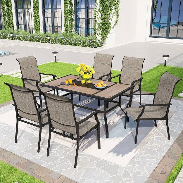 7pc Patio Dining Set With Faux Wood steel Table With Umbrella Hole amp Metal Padded Arm Chairs Captiva Designs