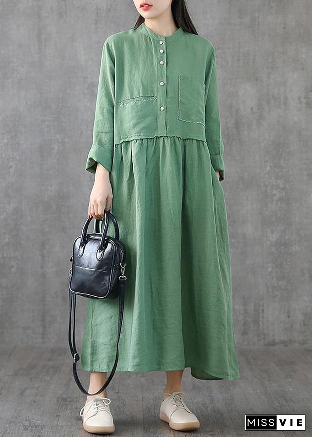 Beautiful green linen clothes For Women o neck patchwork Maxi spring Dresses