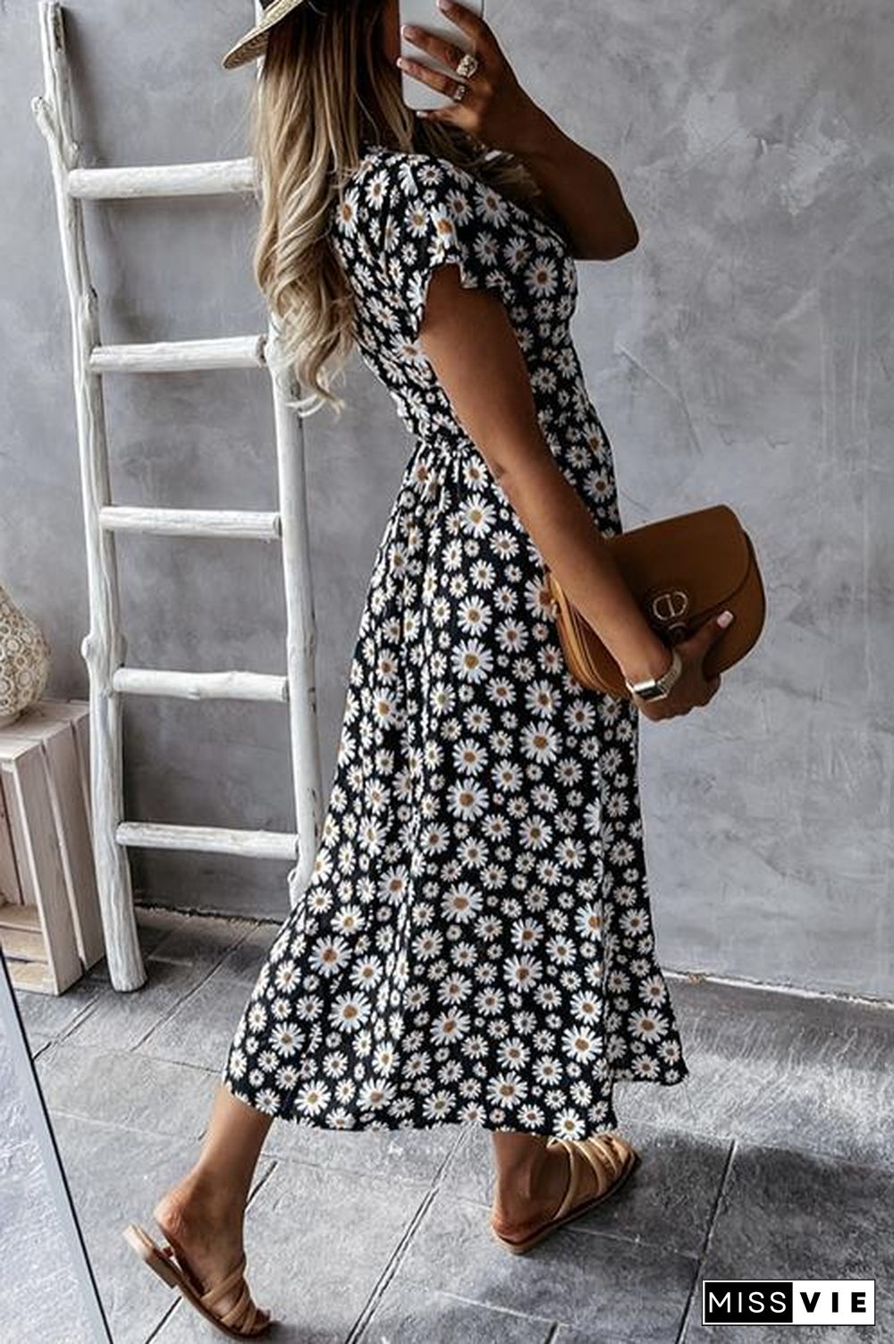 V-Neck Daisy Print Holiday Dress