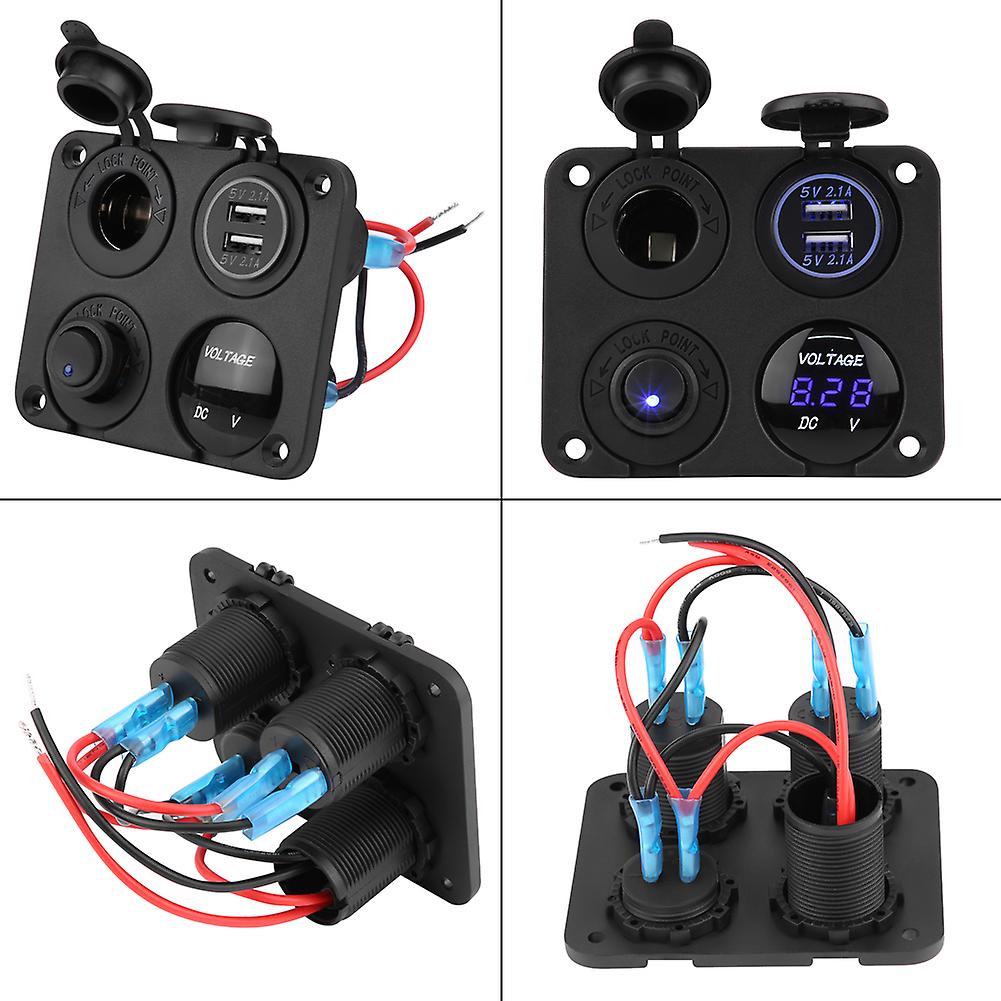 4 Gang On/off Toggle Switch Panel Dual Usb Charger Cigarette Lighter Socket Voltmeter Blue Led