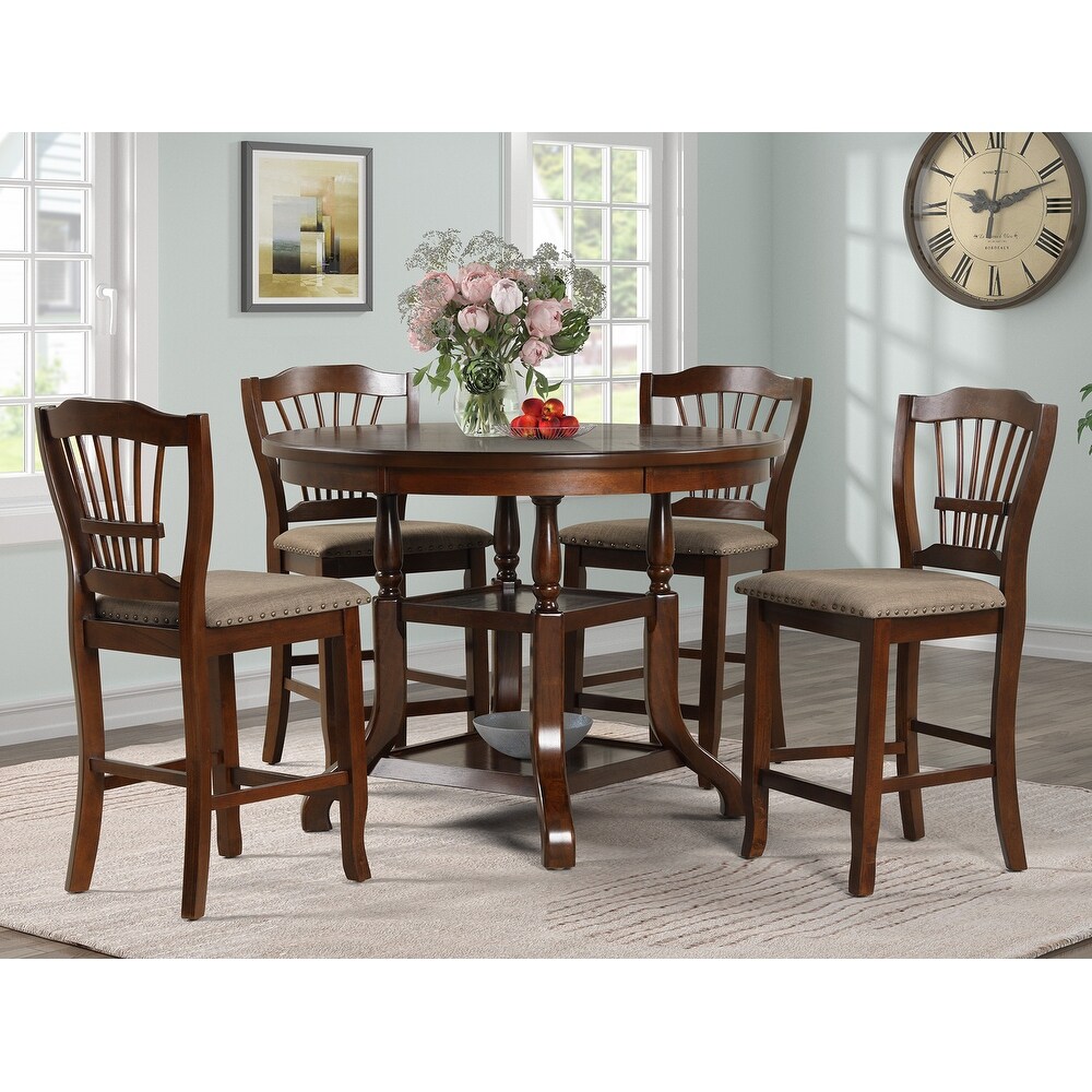 GTU Furniture 5 Piece Expresso Wooden Counter Height Dining Set with Round Table and 4 Fabric Seat Chairs