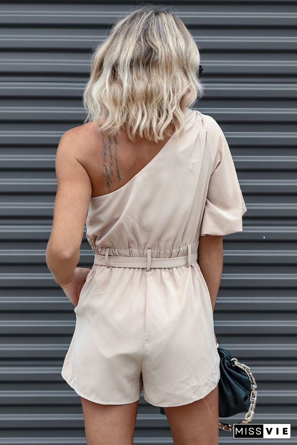 White One Shoulder Puff Sleeve Front Tie Romper