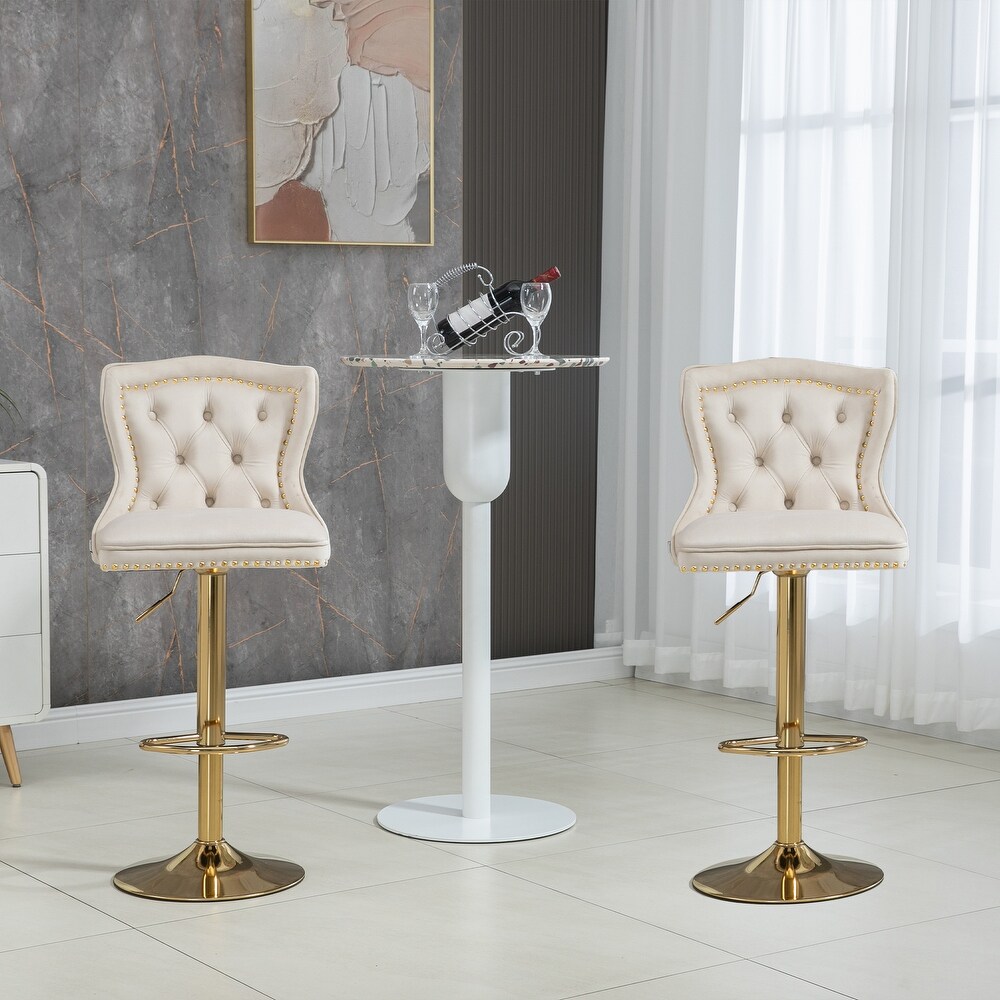 Velvet Upholstered Tufted Swivel Adjustable Height Bar Stools With Golden Footrest(set of 2)