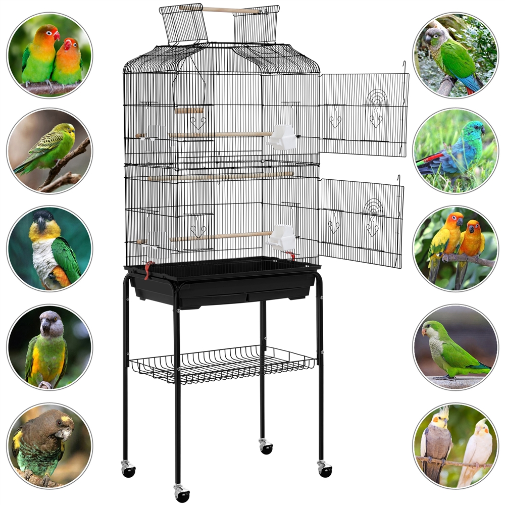 SMILE MART 67.5″ H Rolling Open Top Metal Large Bird Cage for Budgie Parrot Canary Cockatiel， Black