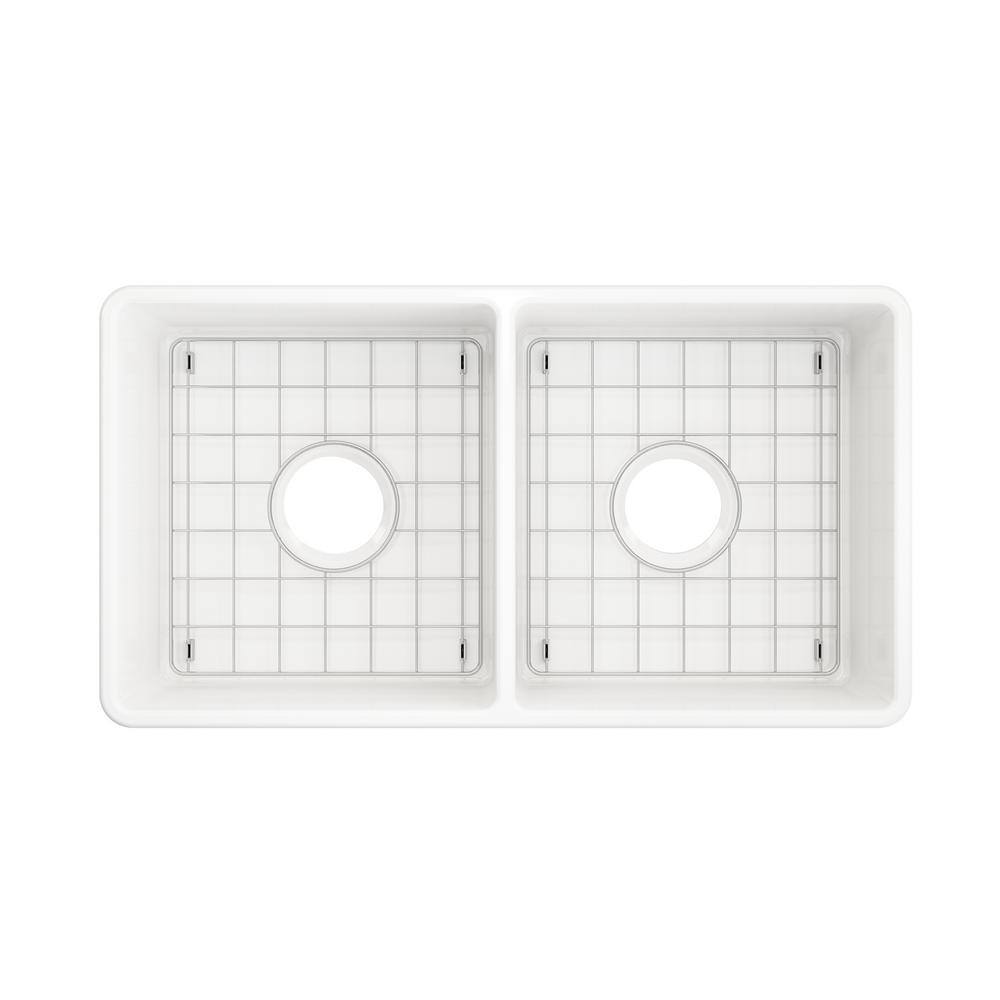 Glacier Bay Farmhouse Apron-Front Fireclay 33 in. Double Bowl Kitchen Sink in White with Bottom Grid 3ABRB-39-001