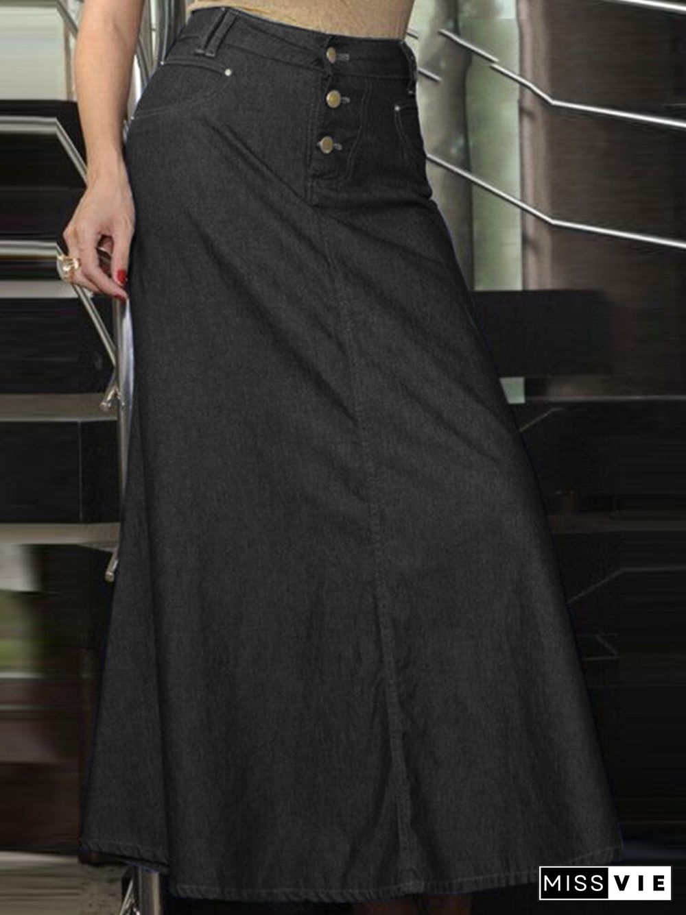 Leisure Button Casual Denim Maxi Skirt