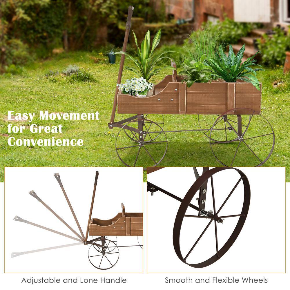 HONEY JOY Wooden Garden Flower Planter Wagon Wheel Plant Bed Decorative Garden Planter for Backyard Garden Brown TOPB004892