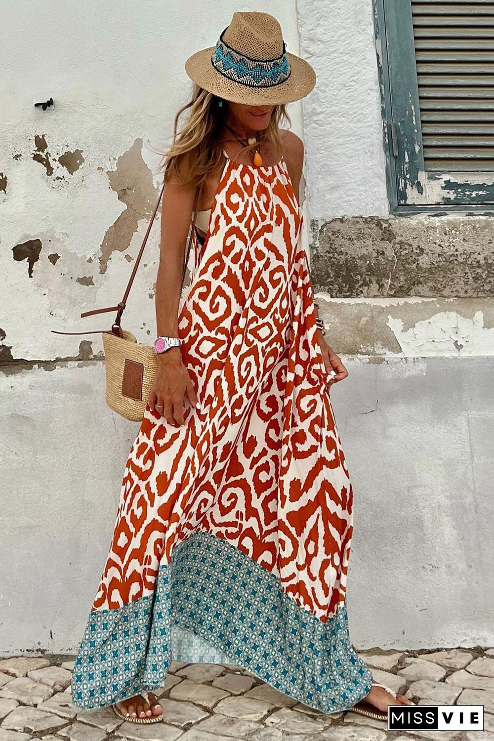 Orange Boho Geometric Print Sleeveless Maxi Dress