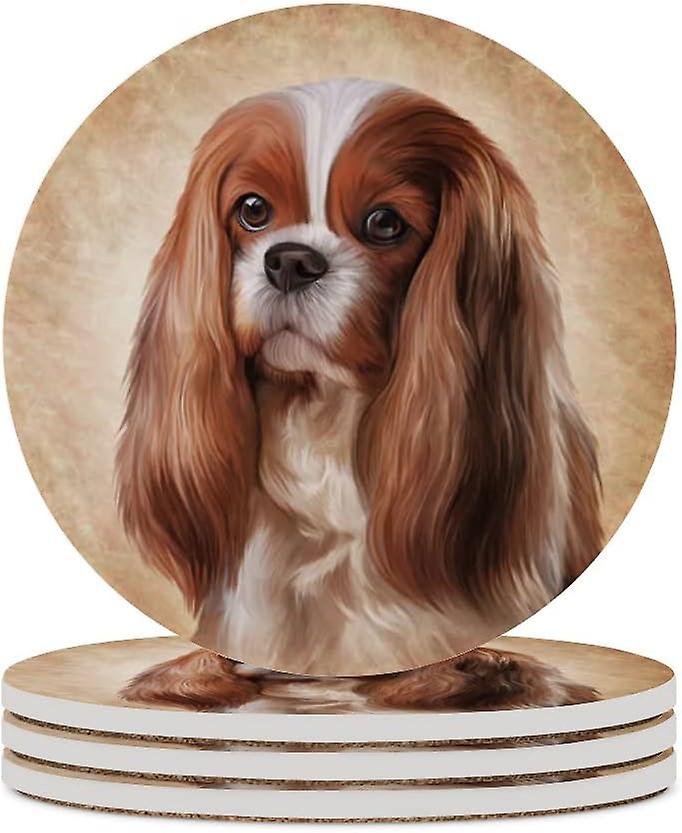 2pcs Round Cavalier King Charles Spaniel Portrait Ceramic Coasters With Cork-backed For Coffee Drink Cup Mat Absorbent Stone Coasters