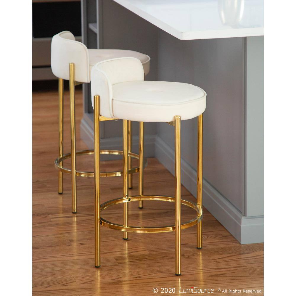 Lumisource Chloe Counter Stool in White Velvet and Gold Metal (Set of 2) B26-CHLOE AUVW2