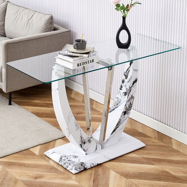 Modern and simple rectangular glass dining table in white with a pattern，white top and gold legs，suitable for entrance