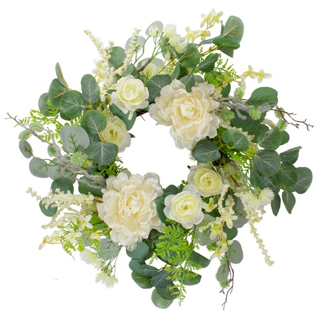 Northlight Peony Rose And Mixed Foliage Artificial Spring Wreath Unlit 20 inch