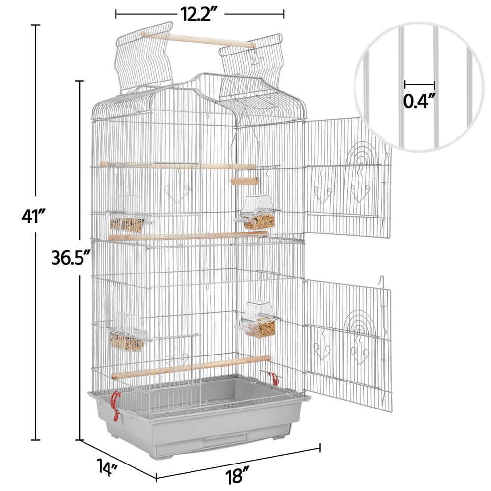 Yaheetech 41''H Open Top Metal Bird Cage Large Parrot Cage with Double Door Design Slide-out Tray Four Feeders， Light Gray