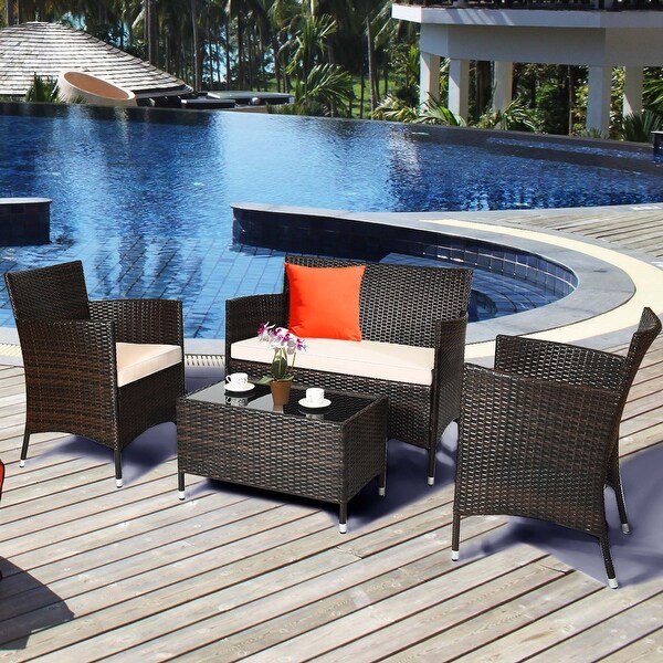 Costway 4PCS Rattan Patio Furniture Set Cushioned Sofa Chair Coffee