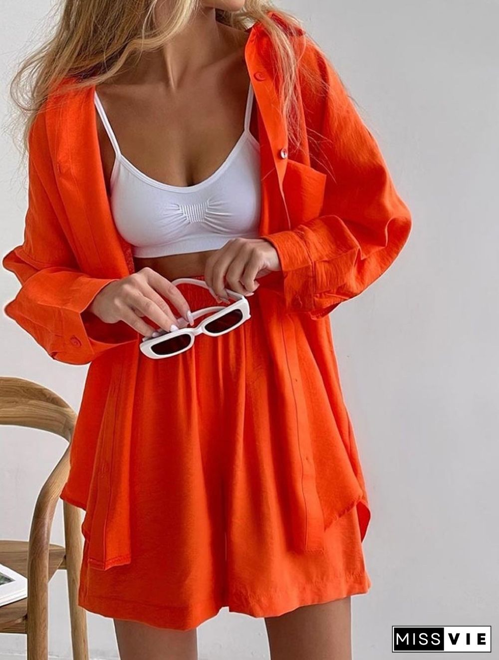 Fashion Solid Color Long Sleeves Shirt Loose Shorts Suit