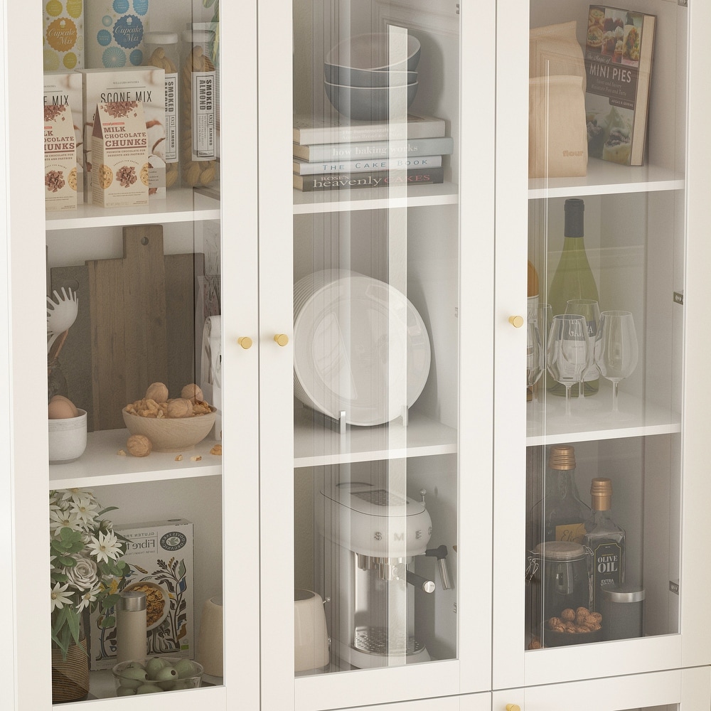 Tall Bookshelf Bookcase with 6 Glass Doors Gold conical handle White   78.7\