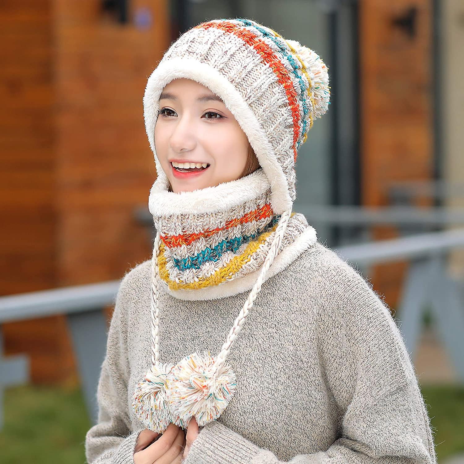 Women Winter Beanie Hat Peruvian Circle Scarf Set Ski Ear Flaps Caps Dual Layered Fleece Lined Pompoms A5-m8771-beige -