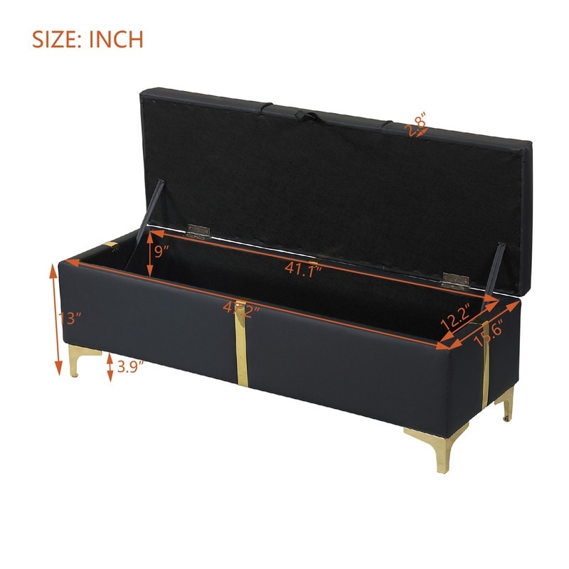 Elegant Style Large Upholstered Storage Ottoman  Storage Bench with Metal Legs  Modern Bed End Bench