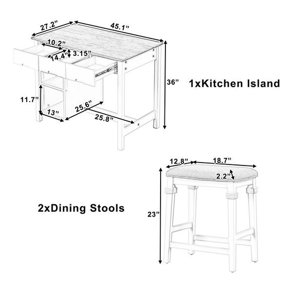 Farmhouse Kitchen Island set， including 2 stools and dining table with lockers， drawers and fallen leaves