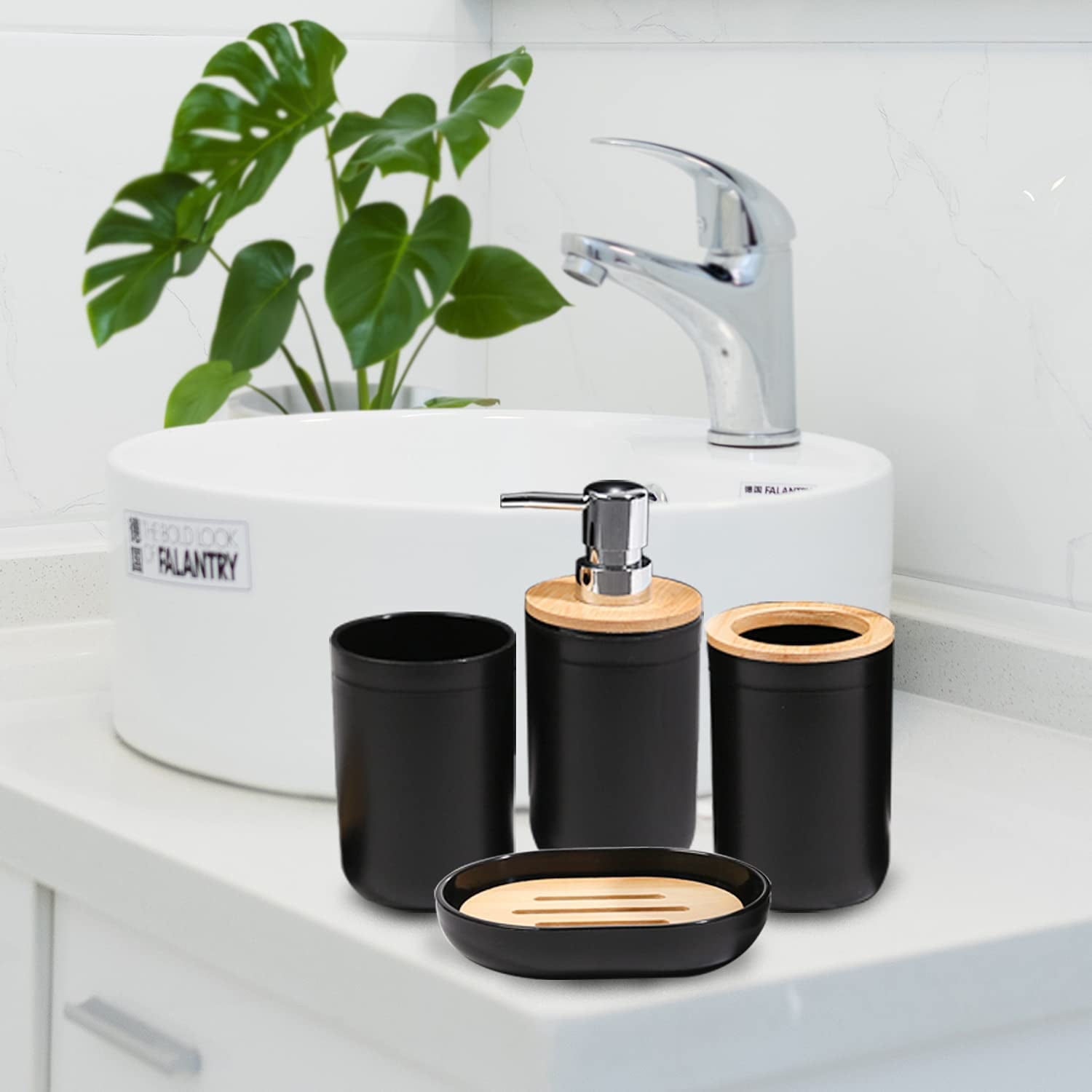 Bamboo  6 Pieces Bathroom Accessories Sets， Bath Set- Soap Dish Toothbrush Holder Rinse Cup Lotion Bottle Trash Can Toilet Brush - Practical Toilet Kit for Home Washing Room，Black