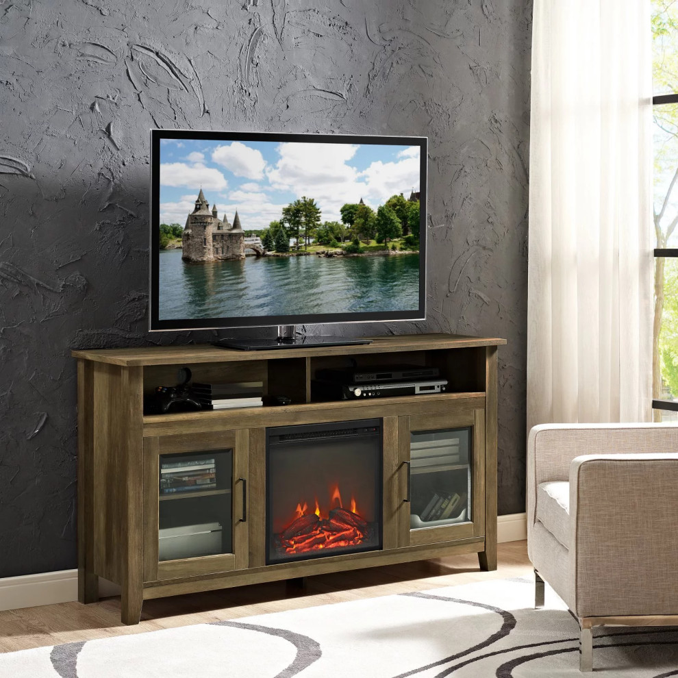 Rustic TV Stand  Center Fireplace  ampAmple Storage Space  Textured Brown Finish   Rustic   Entertainment Centers And Tv Stands   by Declusia  Houzz