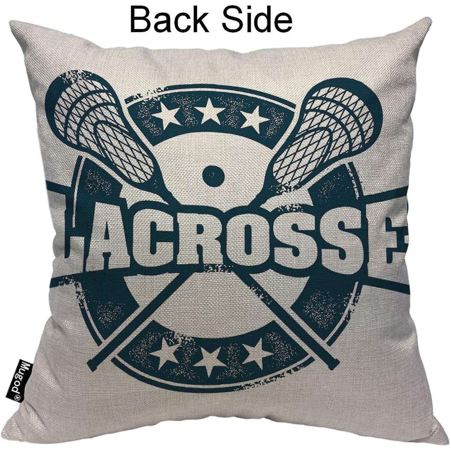 Lacrosse Throw Pillow Vintage Stamp Pattern Helmet Lacrosse Sticks Star Navy Blue Cotton Linen Square Cushion Cover Standard Pillowcase 18x18 Inch For