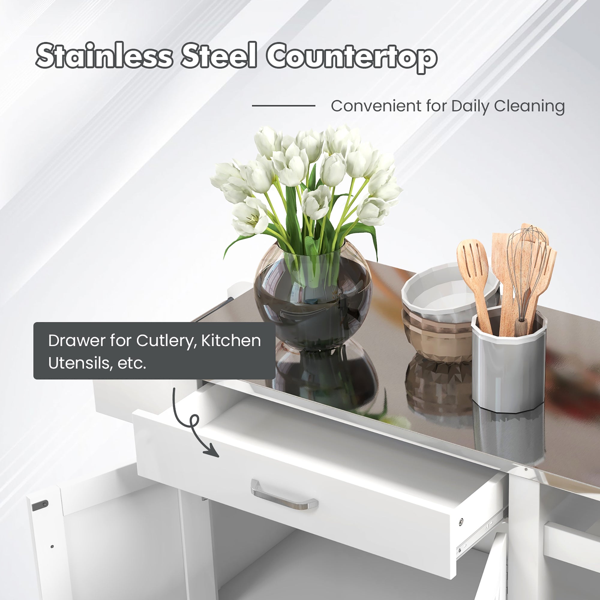 Costway Kitchen Island Cart Rolling Utility Trolley Stainless Steel Top Wine Rack White