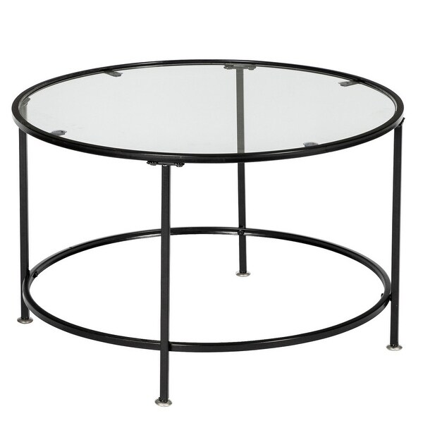 2 Layers Tempered Glass Countertops Round Iron Coffee Table Black