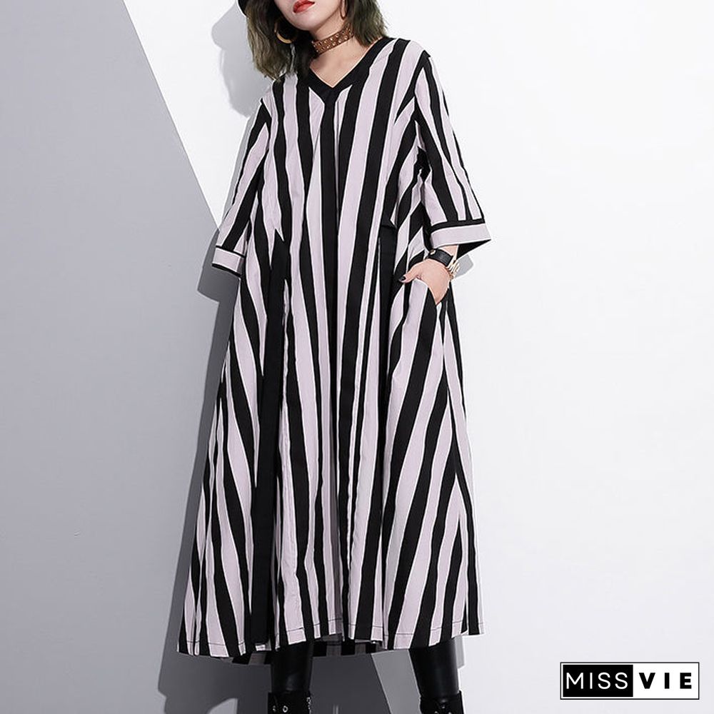 fashion striped cotton caftans Loose fitting tie waist cotton maxi dress fine v neck cotton caftans