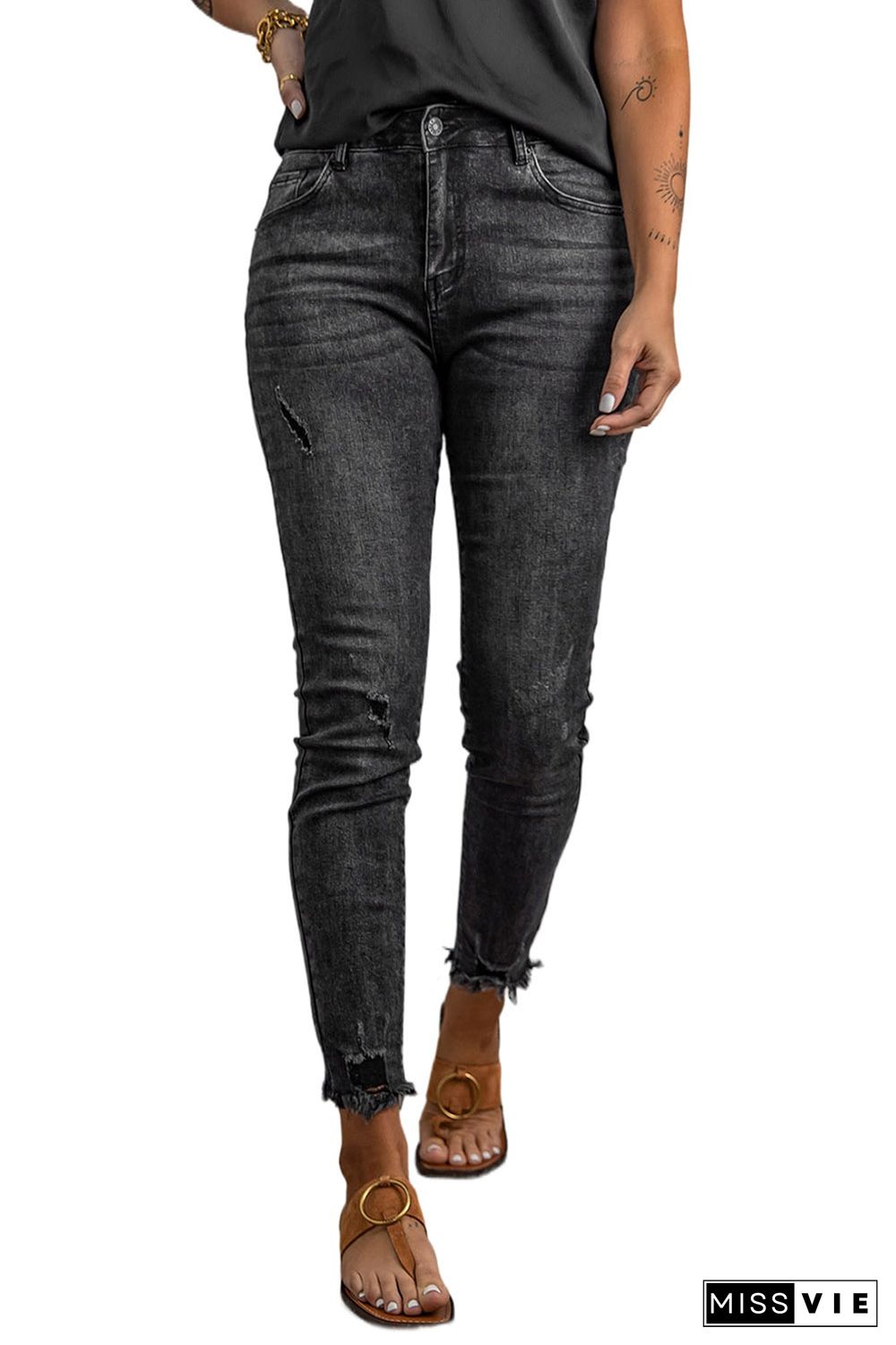 High Rise Frayed Ankle Skinny Jeans