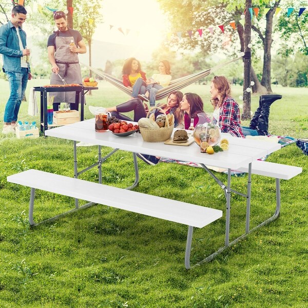 Folding Picnic Table Set with Metal Frame and AllWeather HDPE Tabletop，Umbrella Hole