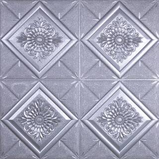 Dundee Deco Falkirk Jura II 28 in. x 28 in. Peel  Stick Dark Silver Flowers in Diamonds PE Foam Decorative Wall Paneling (10-Pack) HDJN-R305-10