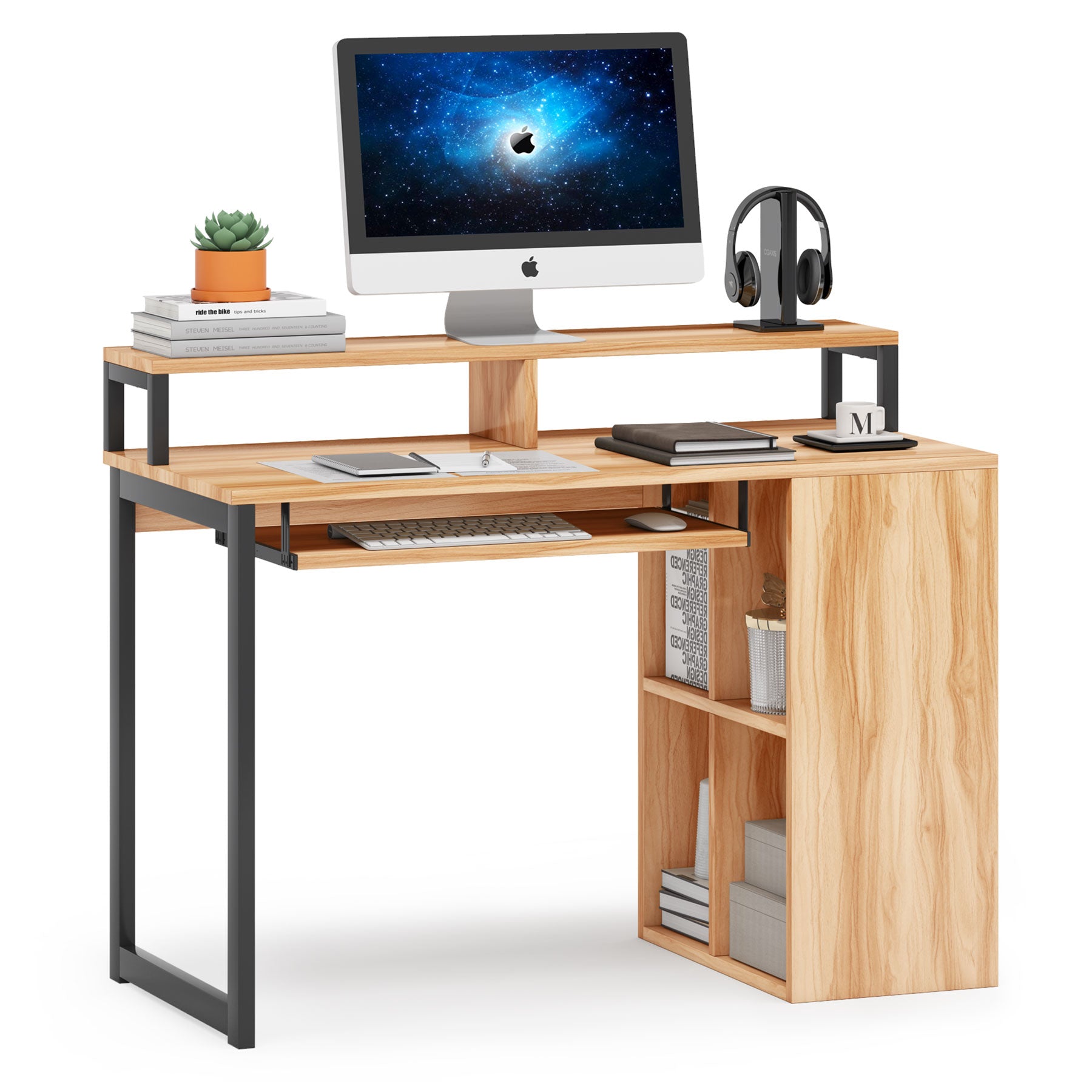 Industrial Computer Desk with 4-Cube Shelves & Push-Pull Keyboard Tray