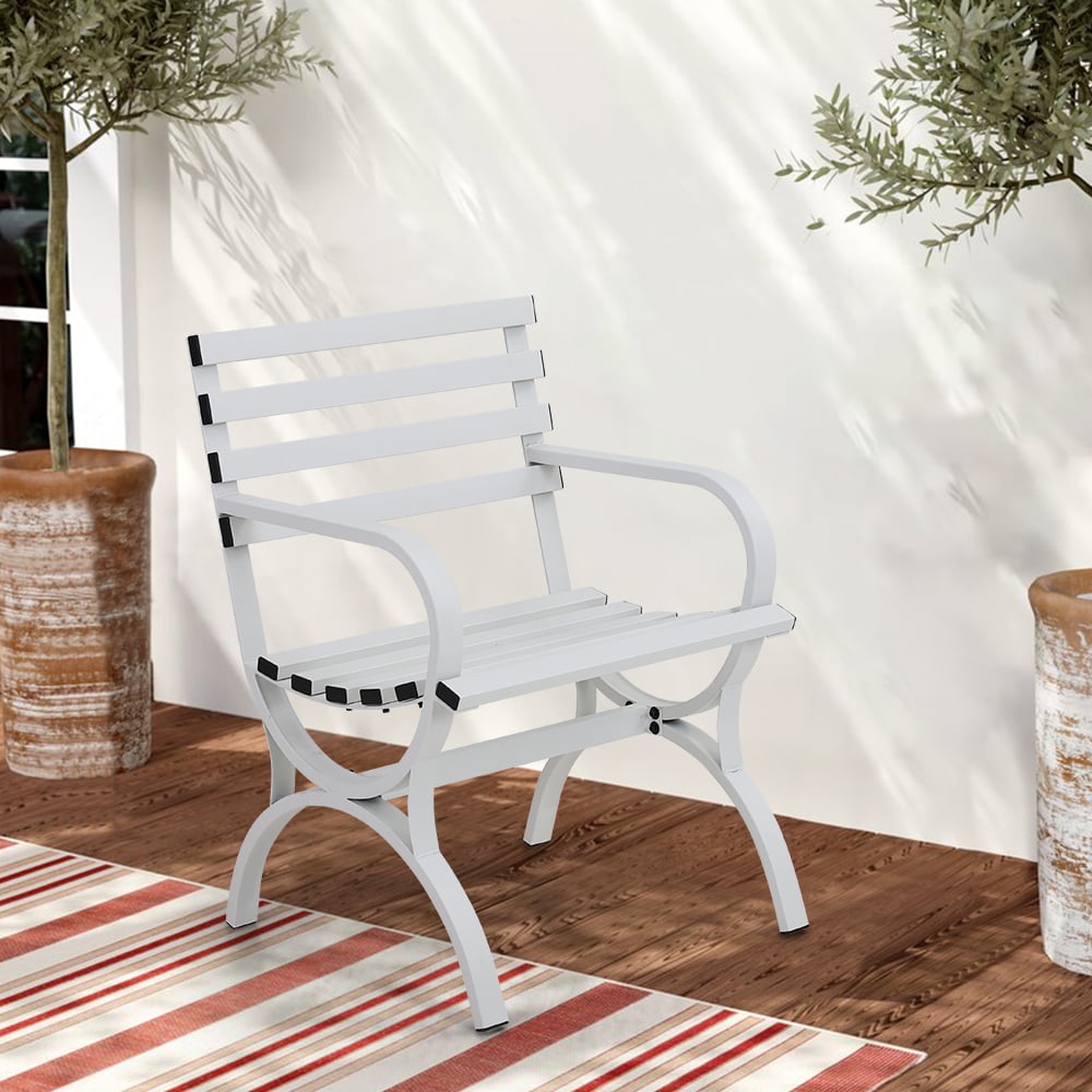 MF Studio Garden Bench Metal Garden Bench Slat Single Chair with Backrest and Armrests for Outdoor, Porch, Patio-White