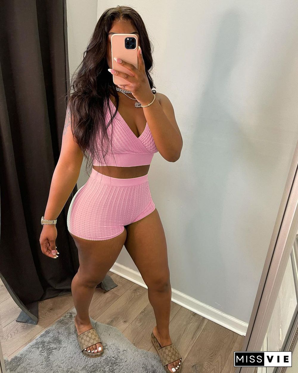 Sexy Sport Wear Solid Color Sleeveless V Neck Vest Crop Top Bodycon Shorts Two Piece Outfits