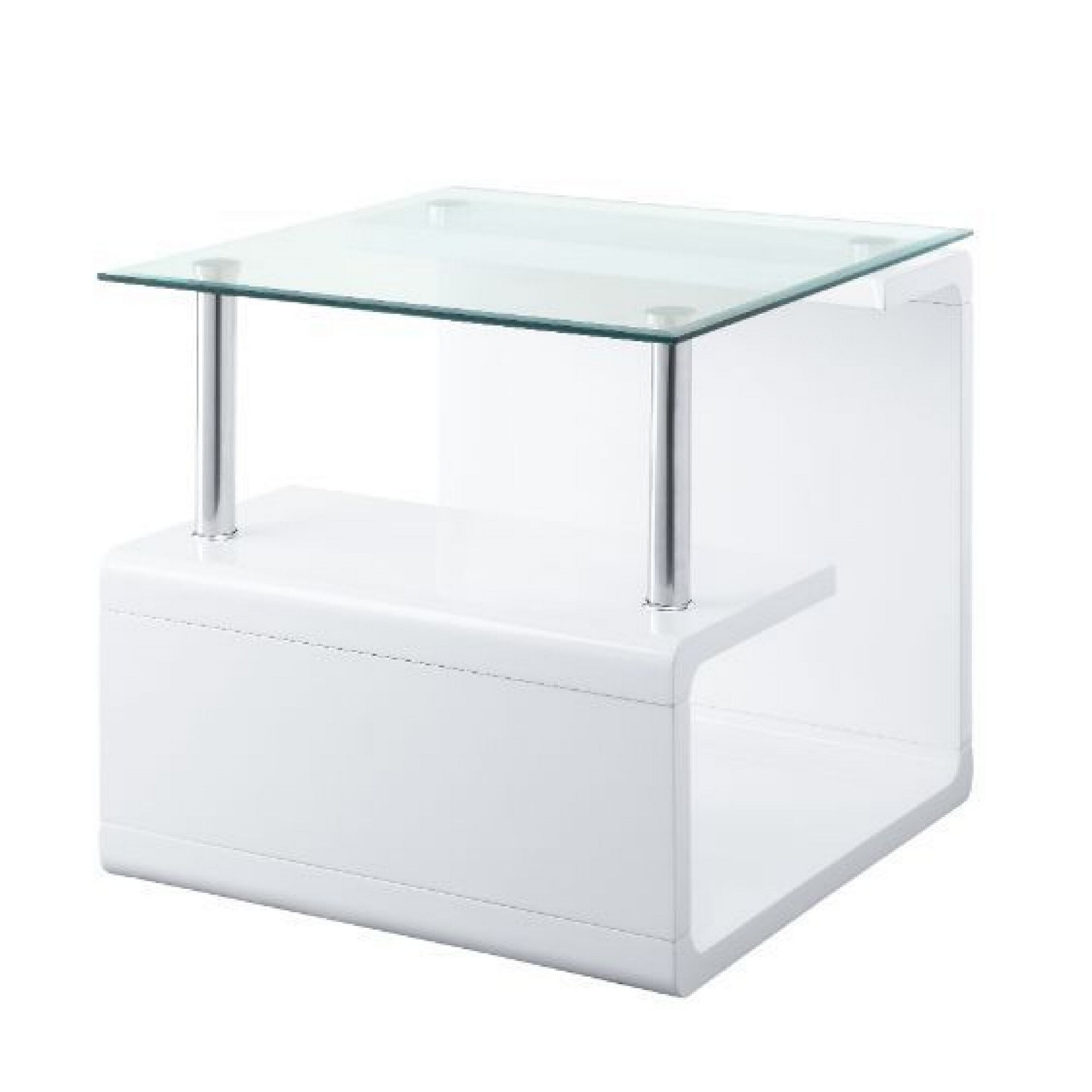 24 Inch Square Accent End Table， Glass Top， Open Shelf， White， Chrome