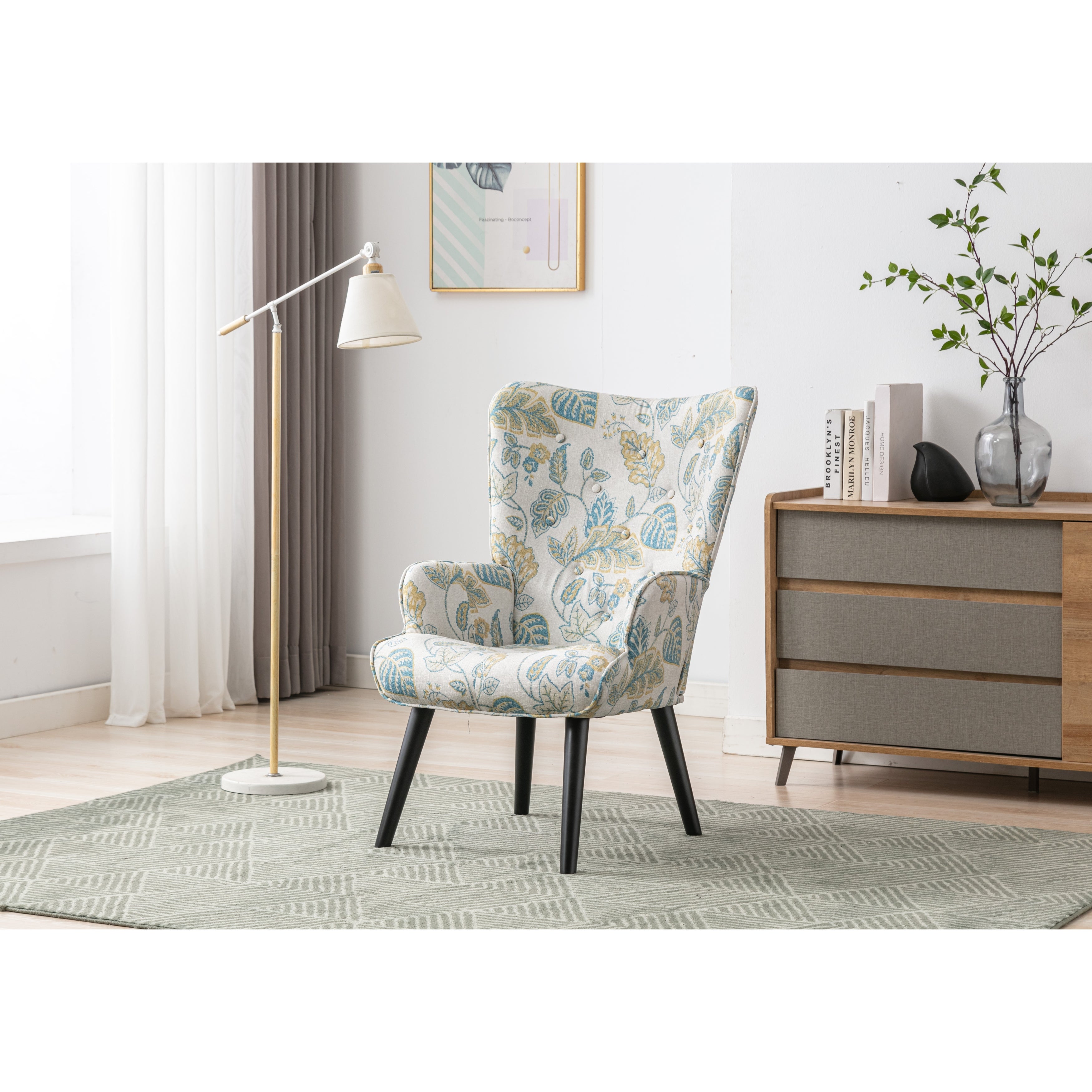 Stylish Accent Chair Linen Tufted Wingback Leisure Chair Arm Side Chair with Solid Wood Legs for Living Room Bed Room