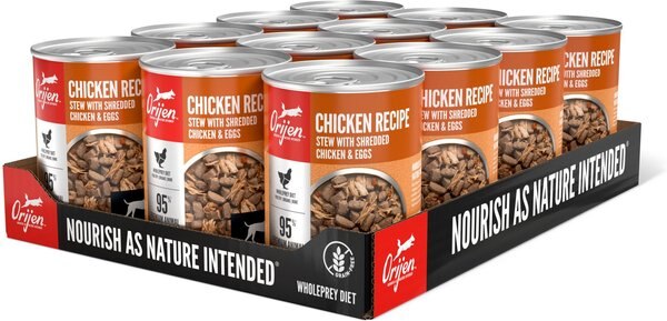 ORIJEN Real Meat Shreds Chicken Recipe Stew Grain-Free Wet Dog Food， 12.8-oz can， case of 12