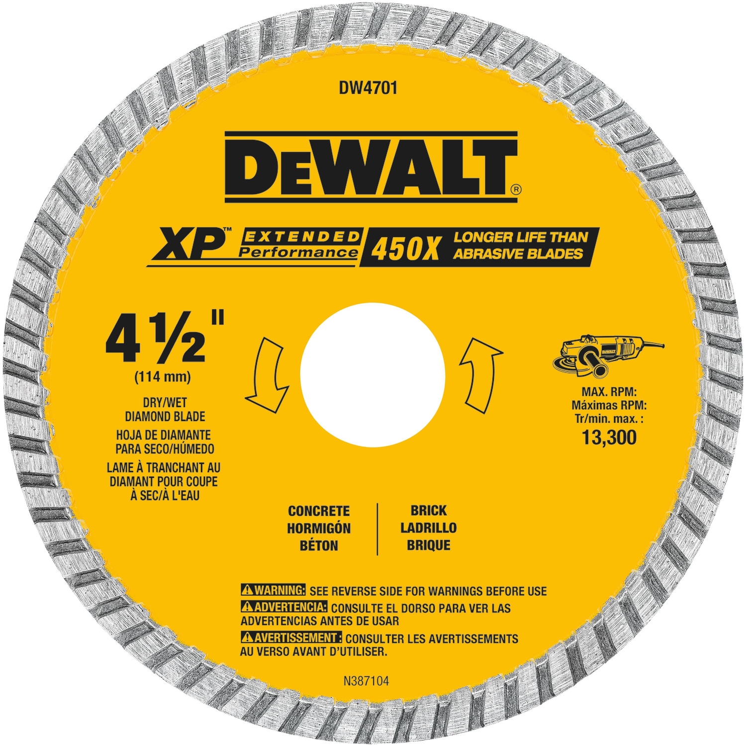 DW XP Extended Performance 4-1/2 in. D X 7/8 in. Diamond Turbo Rim Saw Blade 1 pk