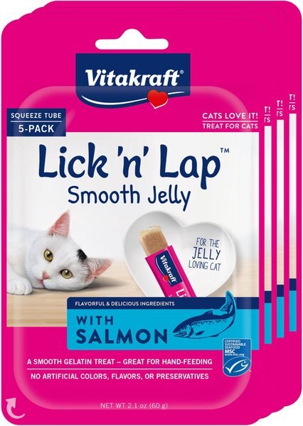 Vitakraft Lick 'n' Lap Jelly Salmon Low Calorie Interactive Wet Cat Treat， 2.1-oz pouch， pack of 4