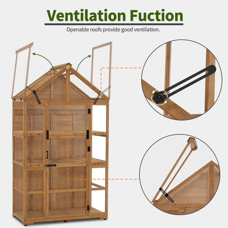 MCombo Wooden Greenhouse  Outdoor Gardening Polycarbonate Greenhouse with Openable Roof Vent and Adjustable Shelves  0826