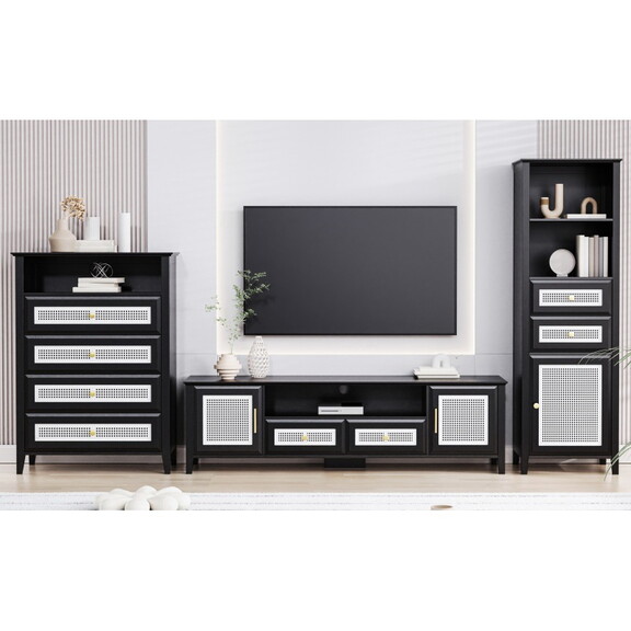 ON TREND Farmhouse Rattan TV Stand Set with Enhanc...