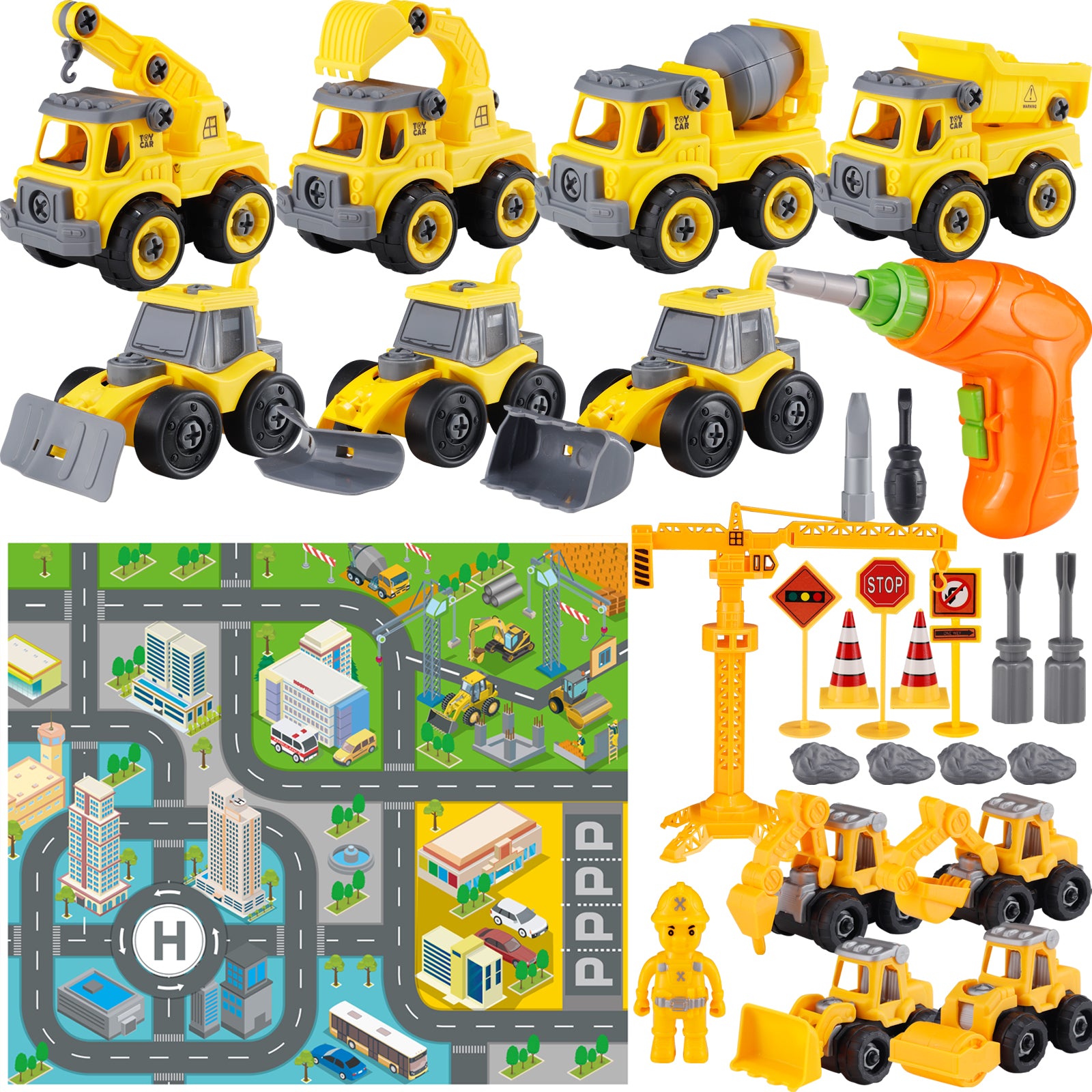 STEM Boy Toys Take Apart Construction Trucks Car Toys with Electric Drill and Map Kids Stem Building Toddler Toy for 3 4 5 6 Year Old Boys