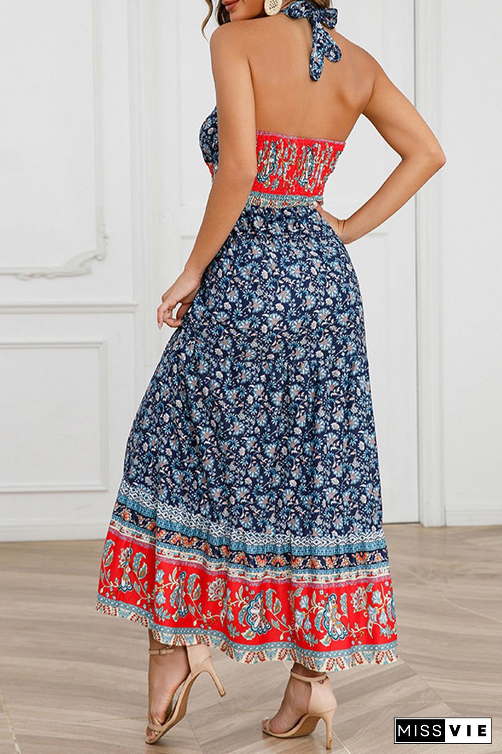 Twisted Halter Hollow Out Smocked Waist Boho Floral Maxi Dress