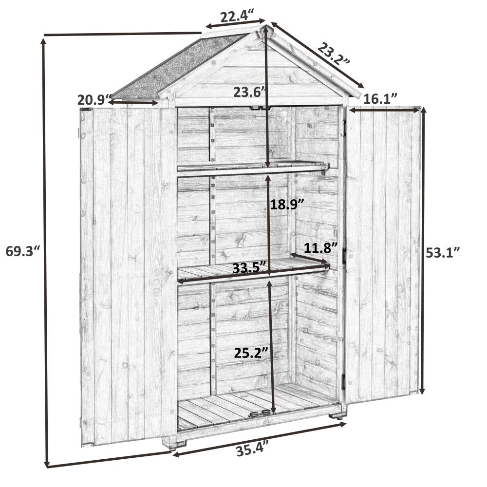 HISTOYE Outdoor Storage Cabinet,Garden Wood Tool Shed, Wood Lean-to Storage Shed Tool Organizer with Waterproof Asphalt Roof, Lockable Doors, 3-Tier Shelves for Backyard,Natural