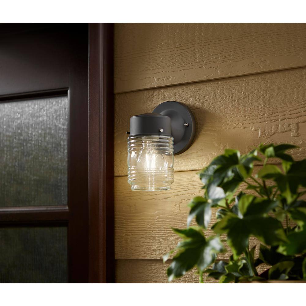 Hampton Bay 1-Light Matte Black Outdoor Jelly Jar Wall Lantern Sconce WB0317