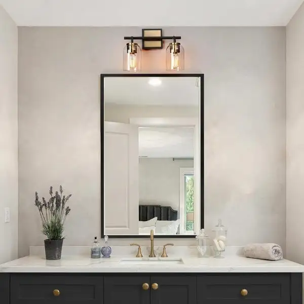 Modern Farmhouse 2-Light Bathroom Vanity Light Black Gold Glass Wall Sconce - 13