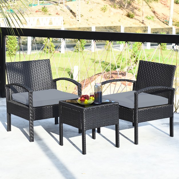 Costway 3pcs Patio Rattan Furniture Set Coffee Table Conversation Sofa Outdoor Cushioned Gray