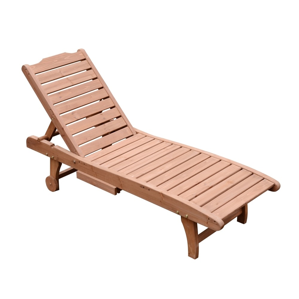 Outsunny Solid Wood Outdoor Chaise Lounge Chair with Pull out Tray